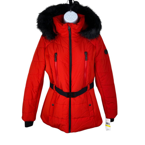 Giacca con cappuccio Michael Kors Puffer staccabile bordo pelliccia sintetica e cintura logo MK