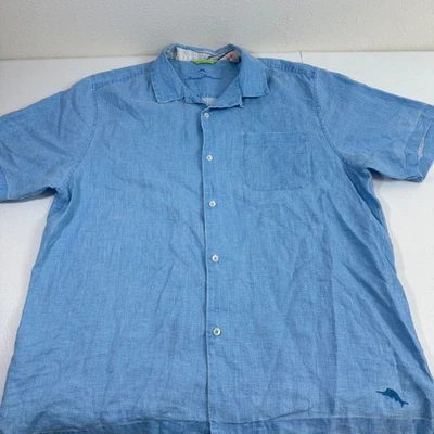 Tommy Bahama Mens Short Sleeve Linen Blend Shirt Blue Embroidered Marlin Size L - Image 1 of 4