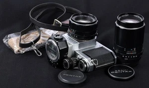 Asahi Pentax SV Chrome 35mm Film SLR /w Clip-On Meter, 55/1.8 & 135/3.5 Lens Kit - Picture 1 of 14