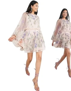ASOS Edition Floral Embroidered Mesh Mini Dress Blouson Sleeve Pink Curve US 20 - Bild 1 von 12
