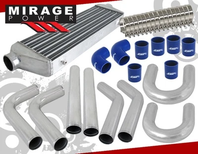 Aluminum Intercooler + Polish Pipe Piping Kit + Blue Silicone Coupler Hoses Jdm Foto 1 de 4