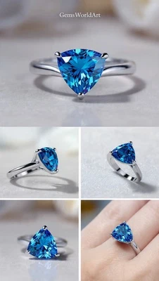 💍 2 Ct Trillion Cut Blue Diamond Silver Ring  – Elegant GemsWorldArt Style✨ - Image 1 of 4
