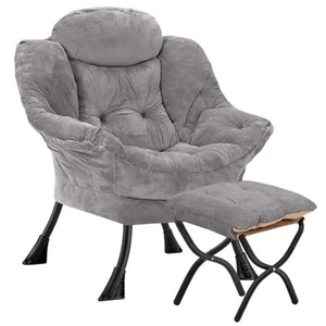 Lazy Chair with Folding Ottoman,Leisure Sofa Chair,Soft Fabric Plush Light Grey - Picture 1 of 7