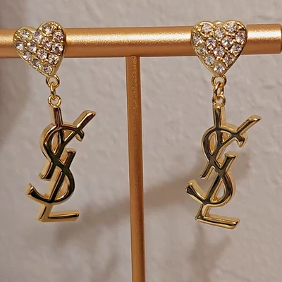正品 YVES SAINT LAURENT YSL 水晶心形耳钉标志滴耳环金色 — 第 1/4 张图片