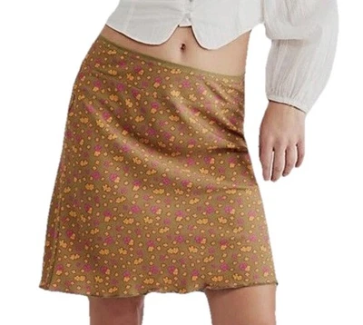 FREE PEOPLE IRL Mini Skirt Sz 10 Olive Green Pink Floral Lettuce Hem Rayon Woven - Imagem 1 de 4