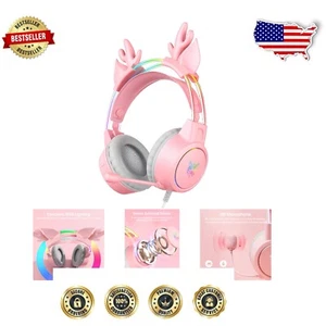 Cute Over Ear Gaming Headset with Pink Deer Ears & RGB Lighting - Multi-Platform - Picture 1 of 10