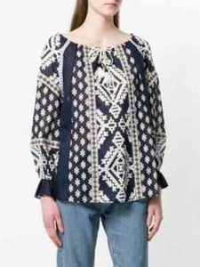 TORY BURCH blau weiß Candice bedruckt Baumwolle bestickt Quaste Krawatte Top LARGE 10 - Bild 1 von 9
