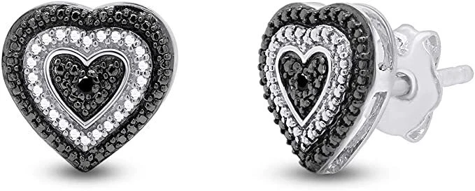 Black & White Natural Diamond Accents Heart Shape Stud Earrings Sterling I2-I3 - Изображение 1 из 1