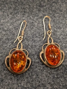 Vintage Valerio V-8 Sterling Silver 925 Baltic Amber Drop Dangle Earrings - Picture 1 of 5