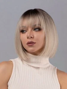 Pelucas cortas rubias de raíz oscura para mujer peluca de cabello sintético con flequillo a prueba de calor - Imagen 1 de 8