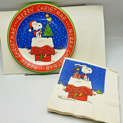 Platos de papel navideños vintage Snoopy Peanuts servilletas sello Foto 1 de 4