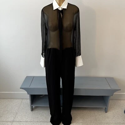 New Valentino Jumpsuit Sz 8 Sheer Tuxedo Silk Long Sleeves - Image 1 of 4