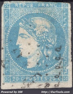 FRANCE EMISSION DE BORDEAUX N° 44B 20c BLEU AVEC OBLITERATION - Picture 1 of 2