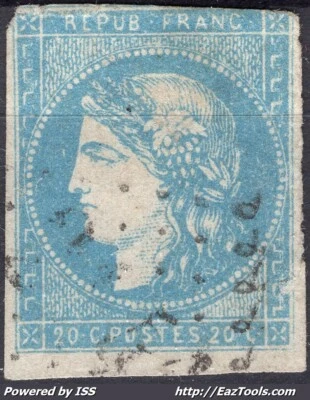 FRANCE EMISSION DE BORDEAUX N° 44B 20c BLEU AVEC OBLITERATION  - Photo 1/2