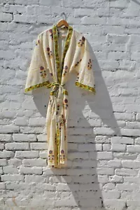 Indian Hand Block Print Cotton kimono Women Dress Hippie Bath Robe Dress - Picture 1 of 5