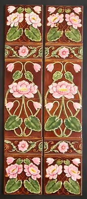 ART NOUVEAU SET OF TEN FIREPLACE TILES FLORAL DESIGN CORN BROTHERS  C1900 - Image 1 of 4