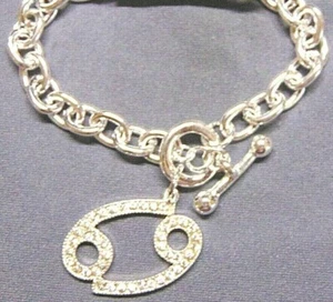 STUNNING SILVER TONE CHAIN LINK CRYSTAL ZODIAC CANCER DANGLE CHARM BRACELET - Picture 1 of 2