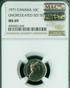 1971 CANADA 10 CENTS NGC MS69 PQ MAC FINEST GRADE MAC SPOTLESS * - Picture 1 of 2