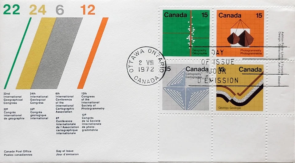 Canada OFDC#585a - Earth Sciences (1972) 4 x 15¢ Se-tenant pl. block (582-585 - Image 1 of 1