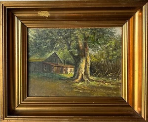 Ölbild Impressionist A.R. Alter großer Baum vor altem Haus im Bilderrahmen Antik - Bild 1 von 10