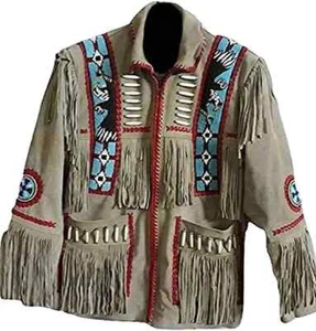 Chaqueta de cuero con flecos de gamuza de vaquero occidental para hombre Chaqueta de cuero nativo americano con cuentas - Imagen 1 de 3