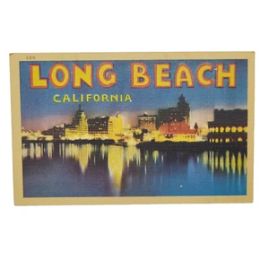 Long Beach California CA Skyline at Night Linen Vintage Postcard Unused - Picture 1 of 4