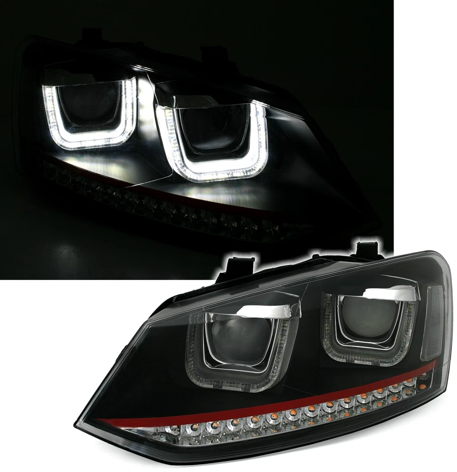 Scheinwerfer Set für VW Polo 6R / 6C mit roter Leiste U- Tube LED - Bild 1 von 4