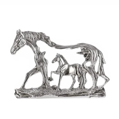 Statua Scultura In Metallo Ossidato Doppio Cavallo In Argento Placcato - Immagine 1 di 2