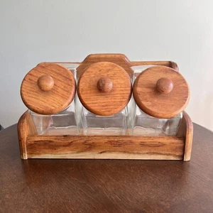 Vintage Anchor Hocking Wooden Rack With 3 Glass Jars & Lids - Picture 1 of 4