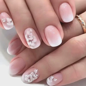 24 Stck./Set glänzend kurze ovale Presse auf Nägeln weiß und rosa Farbverlauf Blume - Bild 1 von 11