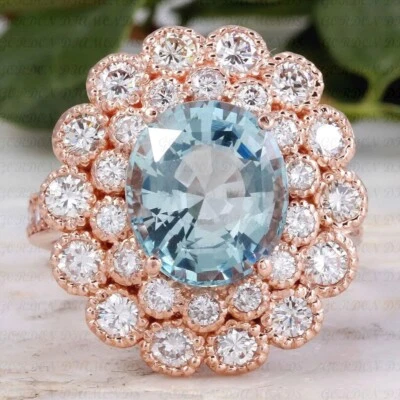 Alianza de bodas de diamantes y aguamarina natural de corte ovalado de 6,50 quilates enchapada en oro rosa de 18 quilates Foto 1 de 4