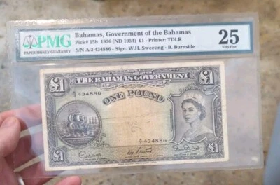 Bahamas Pick# 15b 1936 (ND 1954) One Pound PMG 25 Very Fine - Image 1 of 2