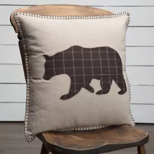 VHC Brands Rustic 18"x18" Bear Pillow Tan Appliqued Wyatt Chambray Bedroom Decor - Picture 1 of 7