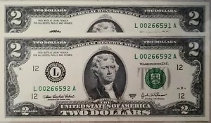 USA 2003 Series 2 pcs Running Number $2 Note L 00266591 - 00266592 A - Picture 1 of 2