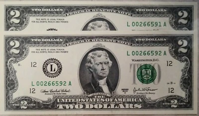 USA 2003 Series 2 pcs Running Number $2 Note L 00266591 - 00266592 A - Image 1 of 2