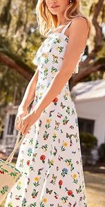 ANN TAYLOR WHITE PETITE BOTANICAL FLORAL BUTTERFLY BIRD MIDI FLARE DRESS 4P - Picture 1 of 4
