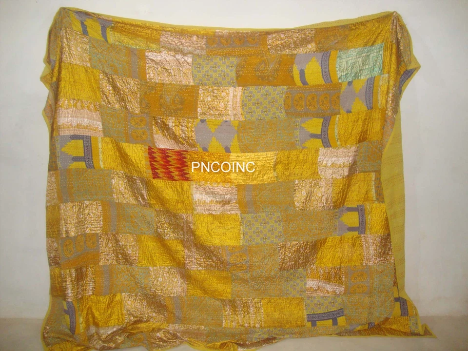 Manta edredón Kantha hecha a mano india colcha vintage retazos algodón seda Foto 1 de 1