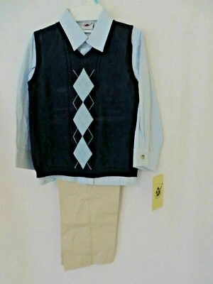 Хороший парень 3Pc темно-синий свитер жилет синий Ck LS рубашка хаки брюки 12 или 18Mo #10554 - Изображение 1 из 4