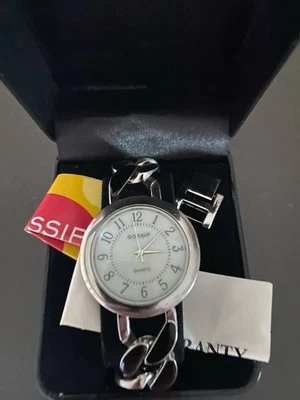 QVC Gossip Lg Case Black Enameled Curb Link Bracelet Watch New Battery - Image 1 of 4