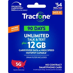 Tracfone 54 $ appels et textos illimités, 12 Go de données / 90 jours (carte physique) - Photo 1 sur 5