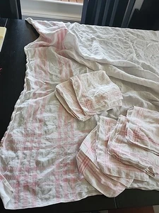 vintage tablecloth luncheon square cotton pink Lines Pretty Matching 6 Napkins - Picture 1 of 8