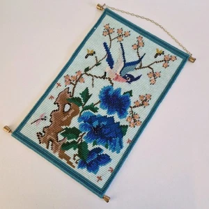 Colgante de pared estilo oriental vintage bordado azul cuentas pájaro y flores - Imagen 1 de 8
