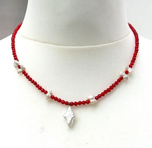 Korallen Unikat Kette mit Süßwasser Keshi und Coin Perle handgefertigt 5625 - Bild 1 von 6