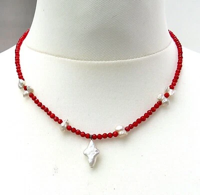 Korallen Unikat Kette mit Süßwasser Keshi und Coin Perle handgefertigt 5625 - Bild 1 von 4