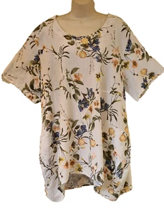 Made In Italy Top white Floral Linen short sleeve Tunic One Size Plus 16-22 New - Picture 1 of 17