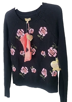 Princess VERA WANG Black w/Roses Sweater w/Pink Arm Warmers Junior's MEDIUM - Image 1 of 4