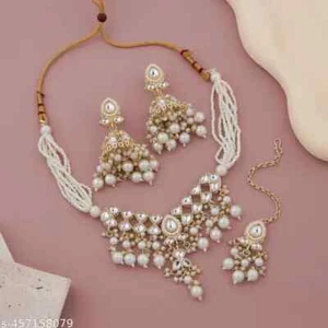 Punjabi Kundan Orecchini Girocollo Gioielli Set Moti Gioielli TIkka Set Collana - Bild 1 von 5