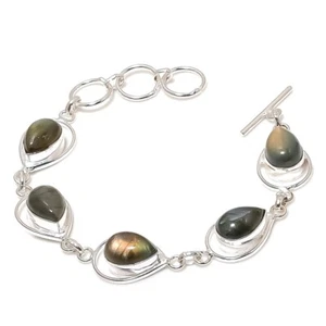 Labradorite Gemstone Handmade 925 Sterling Silver Bracelet Size 7-8" - Picture 1 of 1