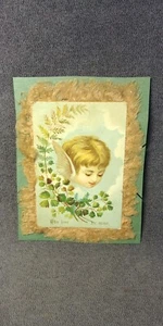 1890s Victorian Card Angel Pink Cloth Fringe Thy Love for Mine Antique A18 - Picture 1 of 5