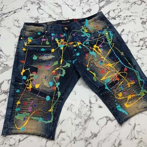 Makobi Dk blau mehrfarbig handbemalte Denim-Shorts für Herren neu mit Etikett - Bild 1 von 3